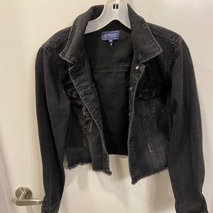 Distressed crop black denim jacket